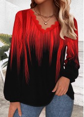 Ombre Embroidery Red Long Sleeve V Neck T Shirt