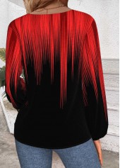 Ombre Embroidery Red Long Sleeve V Neck T Shirt