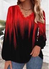 Ombre Embroidery Red Long Sleeve V Neck T Shirt