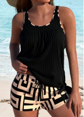 Geometric Print Contrast Binding Black Tankini Set