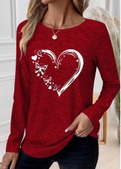 Heart Print Patchwork Red Long Sleeve T Shirt