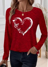Heart Print Patchwork Red Long Sleeve T Shirt