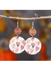 Light Pink Round Wood Heart Print Earrings