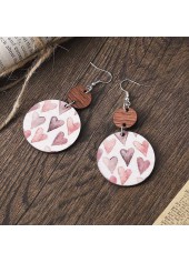 Light Pink Round Wood Heart Print Earrings