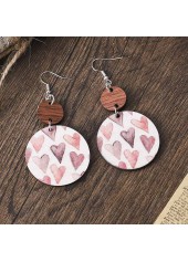 Light Pink Round Wood Heart Print Earrings