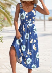 Floral Print Circular Ring Blue Strappy V Neck Dress