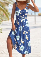 Floral Print Circular Ring Blue Strappy V Neck Dress