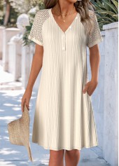 Jacquard Beige A Line Short Sleeve V Neck Dress