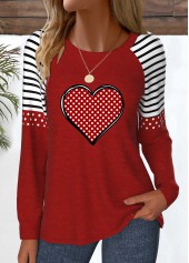 Heart Print Patchwork Wine Red Long Sleeve T Shirt