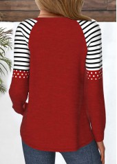 Heart Print Patchwork Wine Red Long Sleeve T Shirt