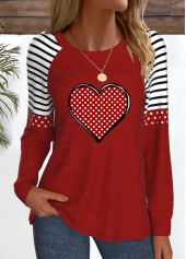 Heart Print Patchwork Wine Red Long Sleeve T Shirt