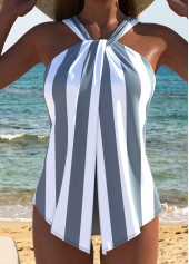 Striped Criss Cross Grey One Piece Swimwear