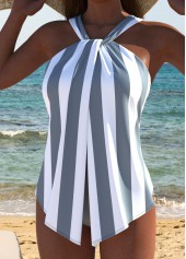 Striped Criss Cross Grey One Piece Swimwear
