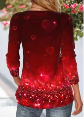 Heart Print Deep Red Long Sleeve T Shirt