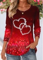 Heart Print Deep Red Long Sleeve T Shirt