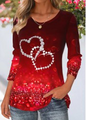 Heart Print Deep Red Long Sleeve T Shirt