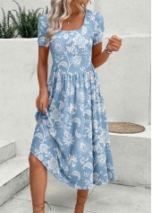 Floral Print Zipper Dusty Blue Short Sleeve Dress