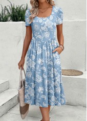 Floral Print Zipper Dusty Blue Short Sleeve Dress