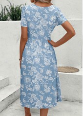 Floral Print Zipper Dusty Blue Short Sleeve Dress