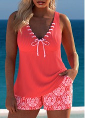 Tribal Print Drawstring Coral Tankini Set
