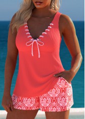 Tribal Print Drawstring Coral Tankini Set