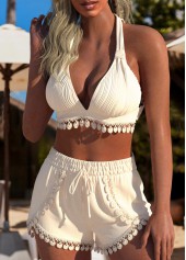 Tie Jacquard Embroidery Beige Bikini Set