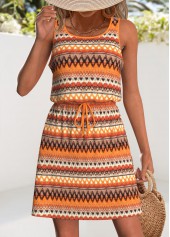 Tribal Print Drawstring Orange Short Sleeveless Scoop Neck Dress
