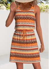 Tribal Print Drawstring Orange Short Sleeveless Scoop Neck Dress