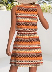 Tribal Print Drawstring Orange Short Sleeveless Scoop Neck Dress