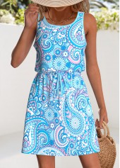 Paisley Print Drawstring Light Blue Short Sleeveless Dress