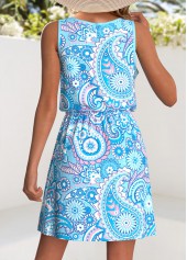 Paisley Print Drawstring Light Blue Short Sleeveless Dress