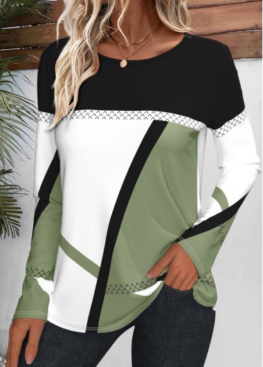 Plus Size Avocado Green Patchwork Geometric Print T Shirt