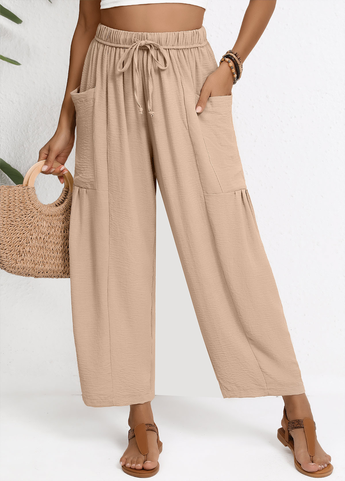 Light Coffee Wide Leg Elastic Waist High Waisted Pants