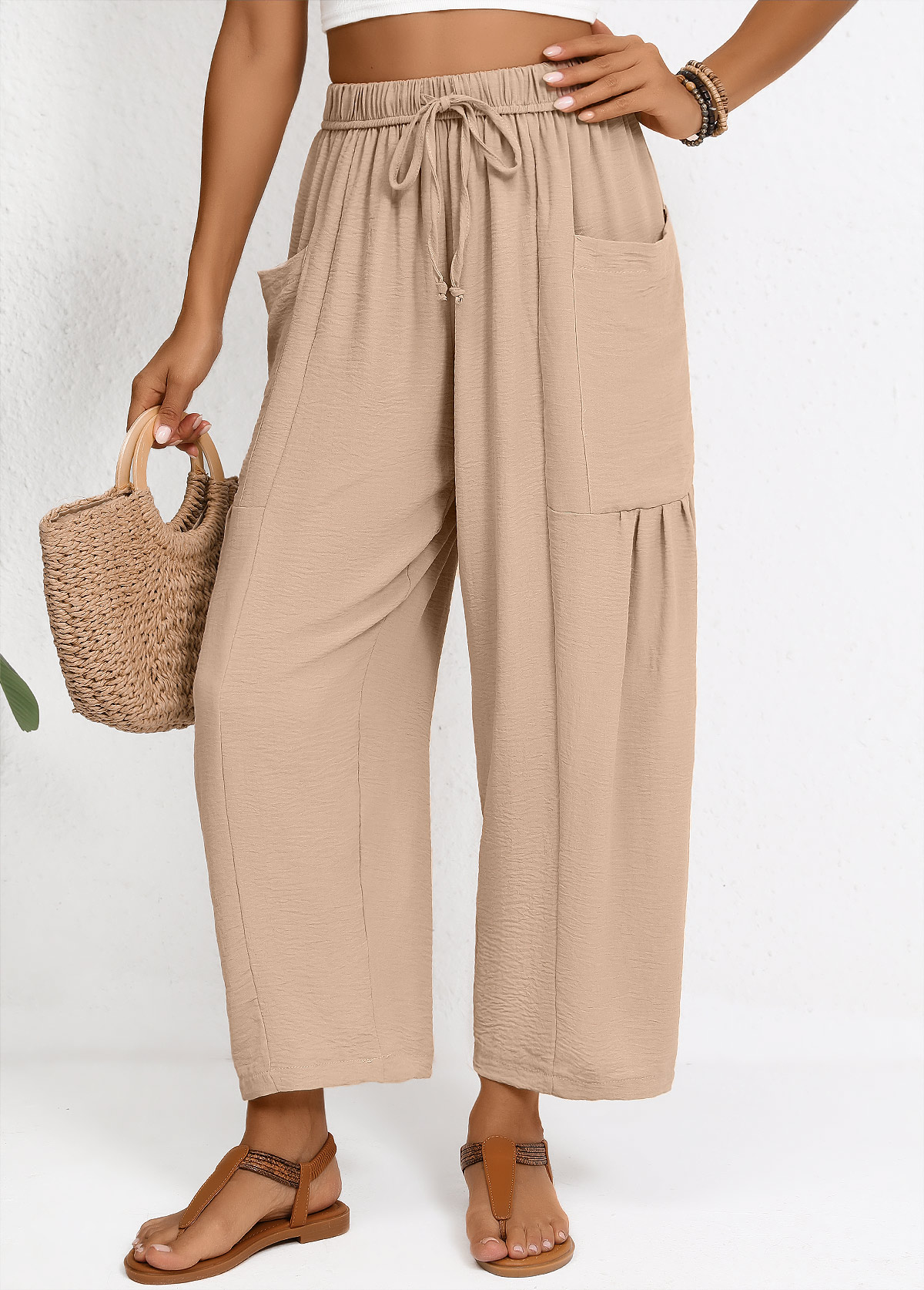 Light Coffee Wide Leg Elastic Waist High Waisted Pants