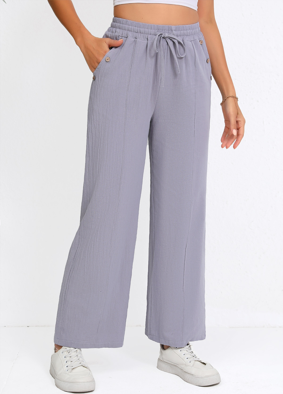 Grey Straight Leg Elastic Waist Drawstring High Waisted Pants