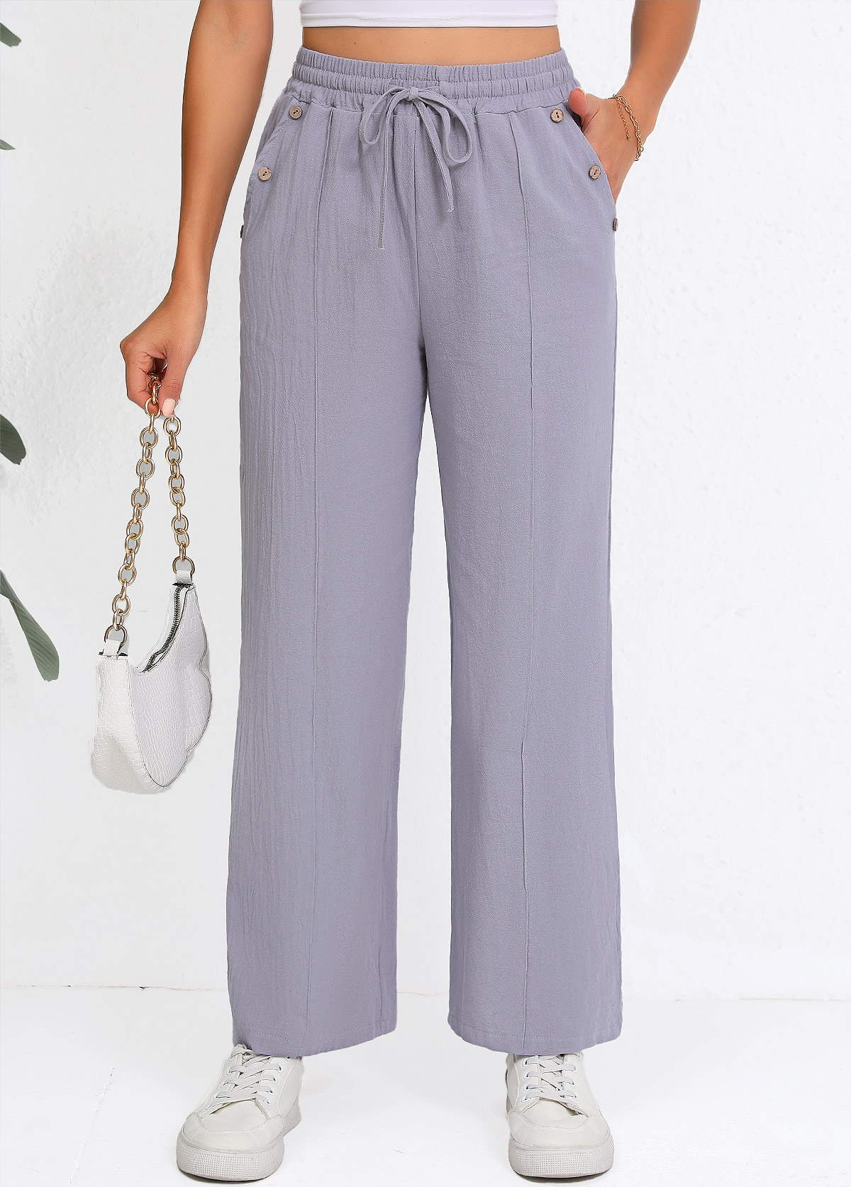 Grey Straight Leg Elastic Waist Drawstring High Waisted Pants