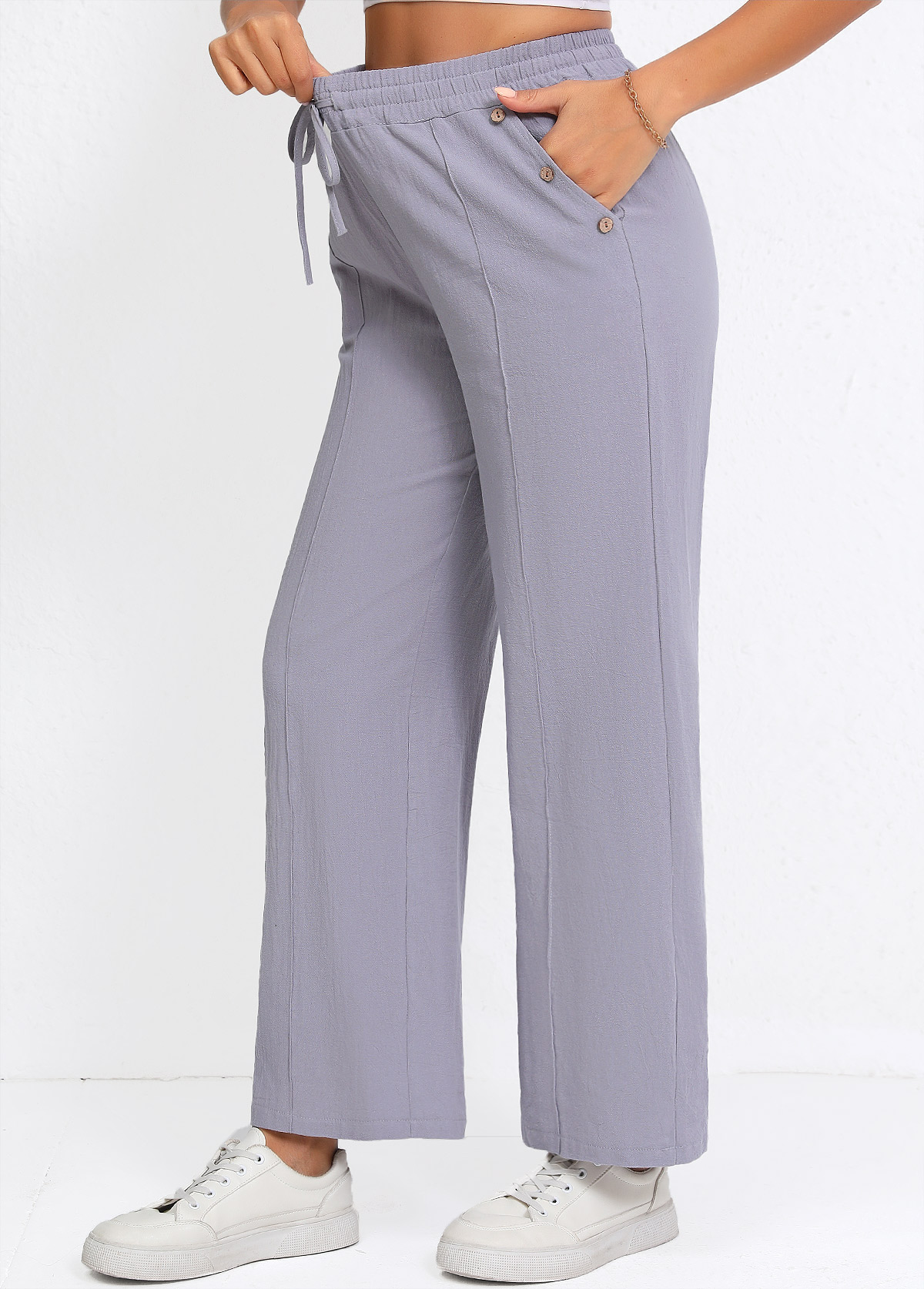 Grey Straight Leg Elastic Waist Drawstring High Waisted Pants