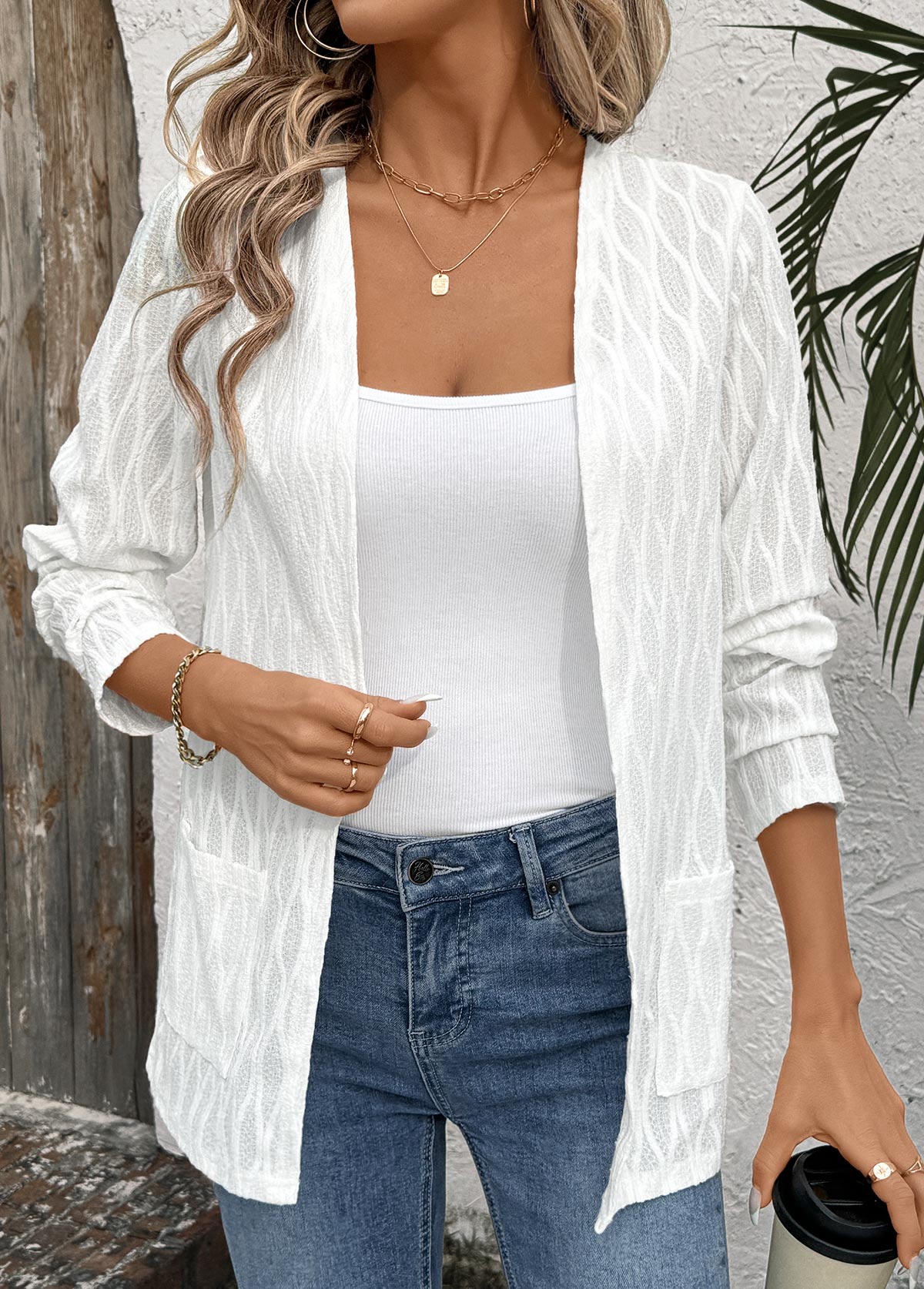 Pocket White Long Sleeve Light Cardigan