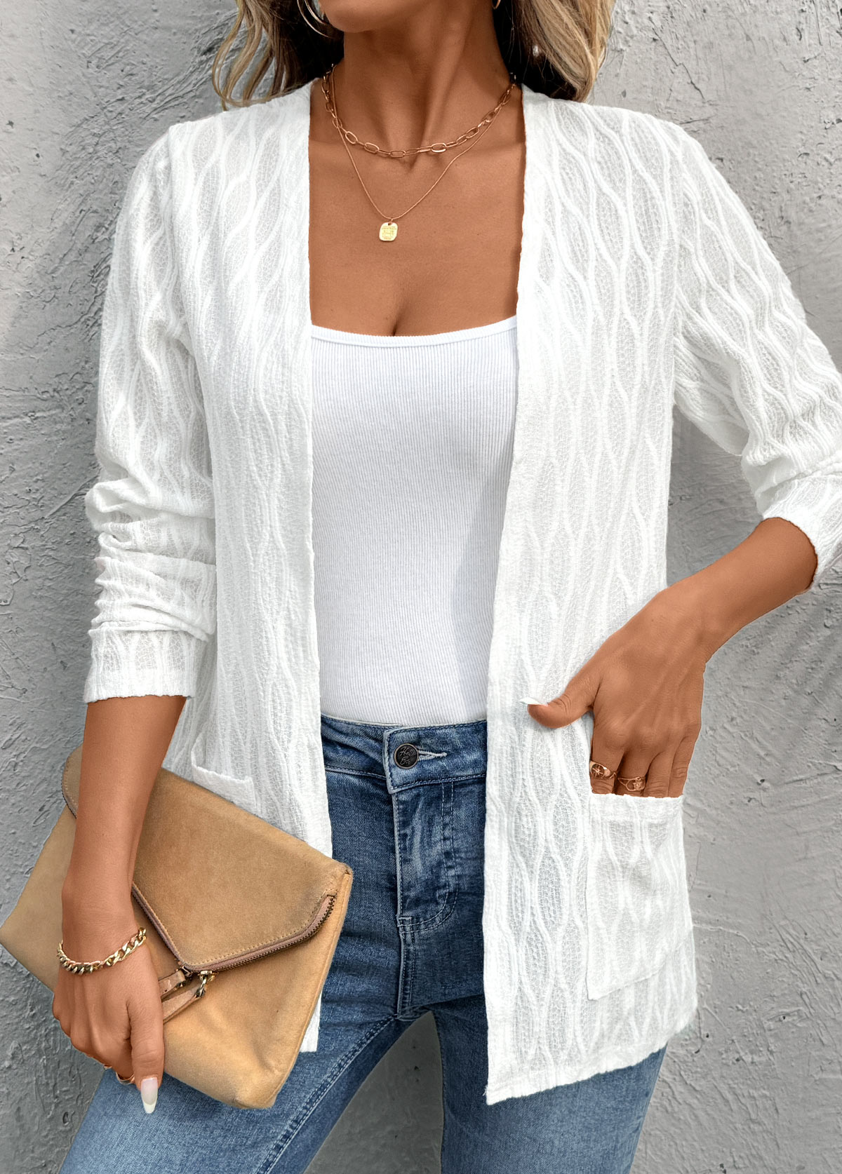 Pocket White Long Sleeve Light Cardigan