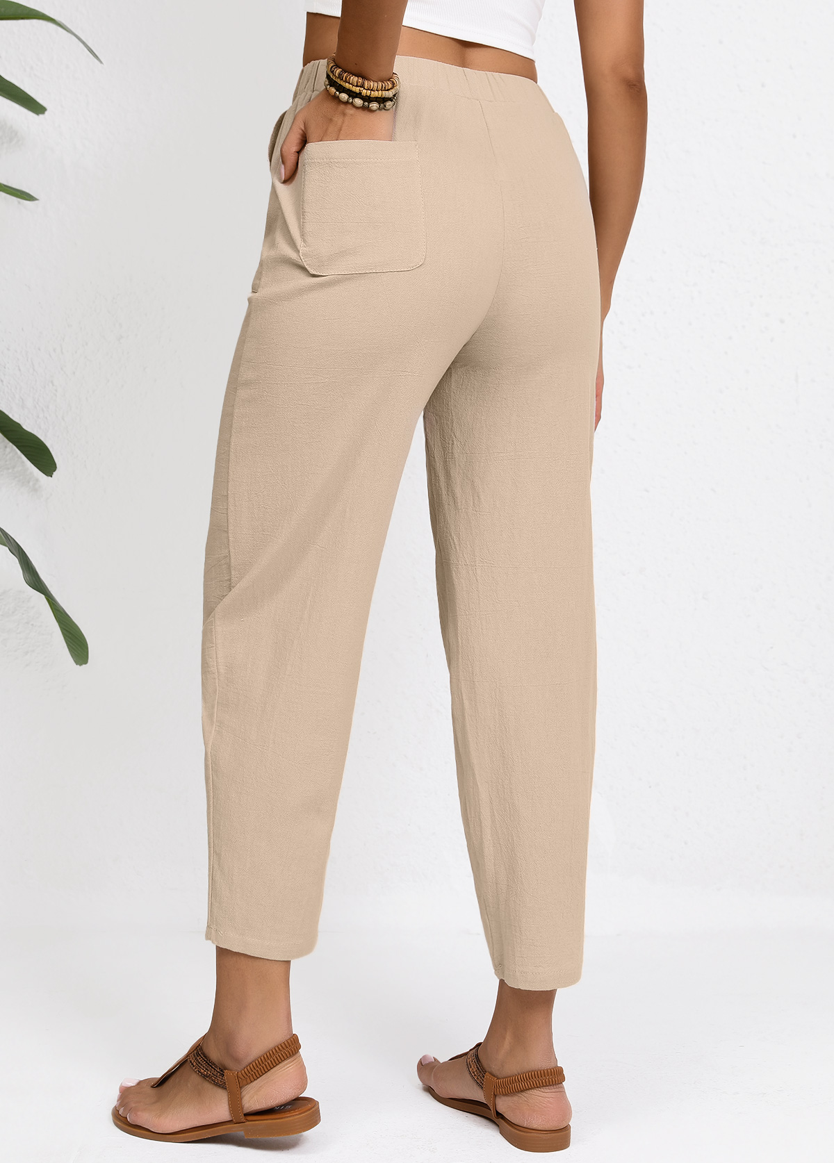 Elastic Waist Light Camel High Waisted Pants