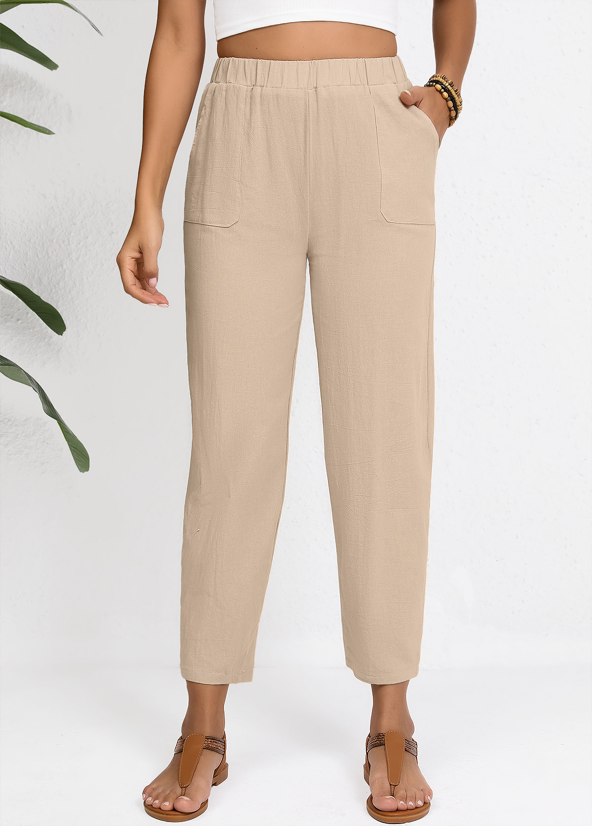 Elastic Waist Light Camel High Waisted Pants
