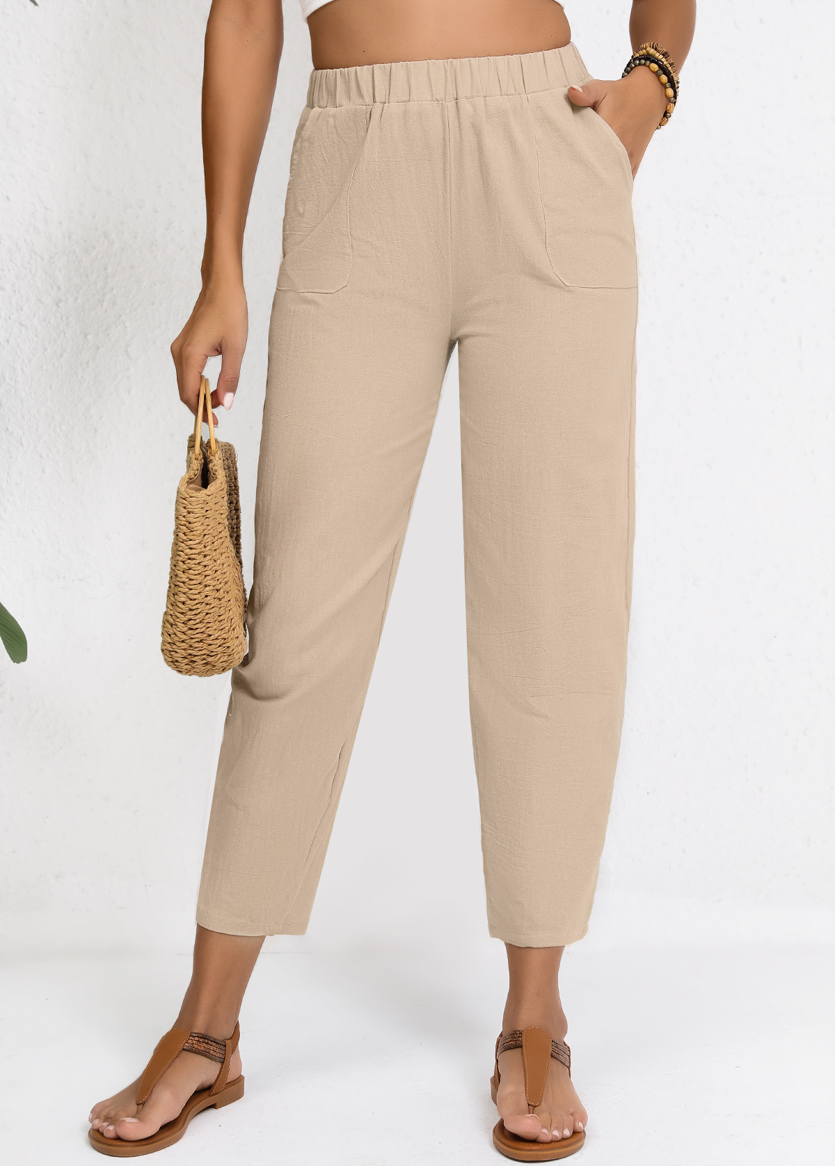 Elastic Waist Light Camel High Waisted Pants