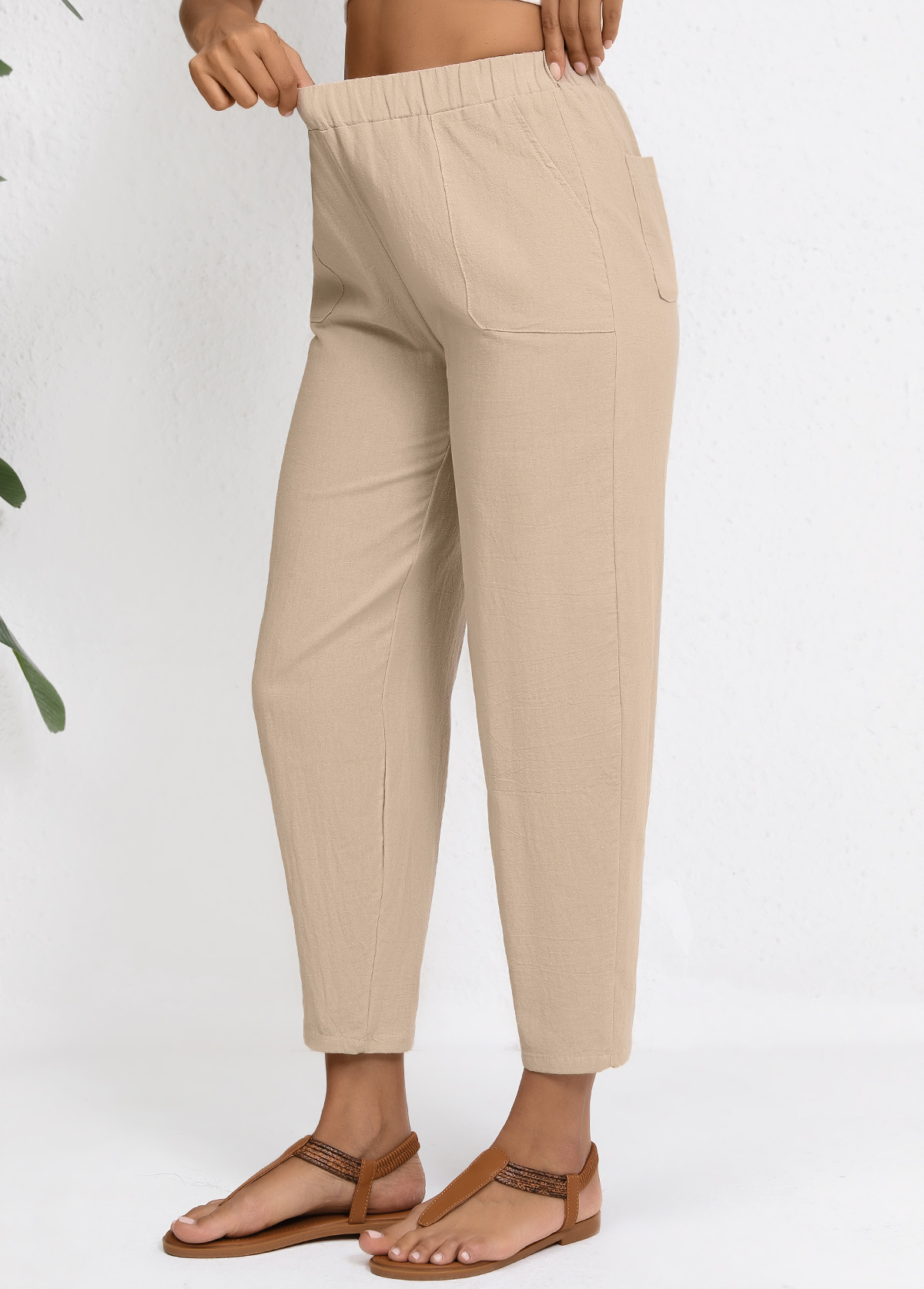 Elastic Waist Light Camel High Waisted Pants
