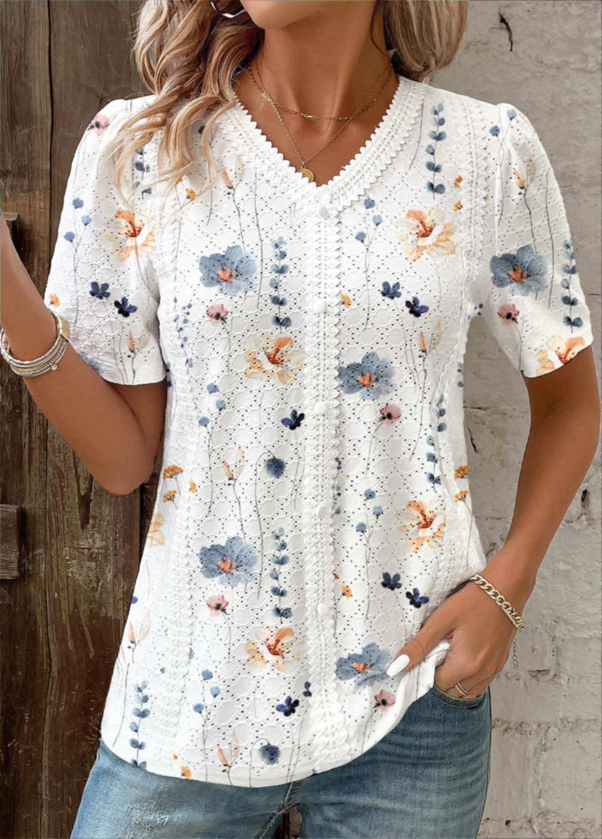 Floral Print Embroidery White Short Sleeve V Neck Blouse