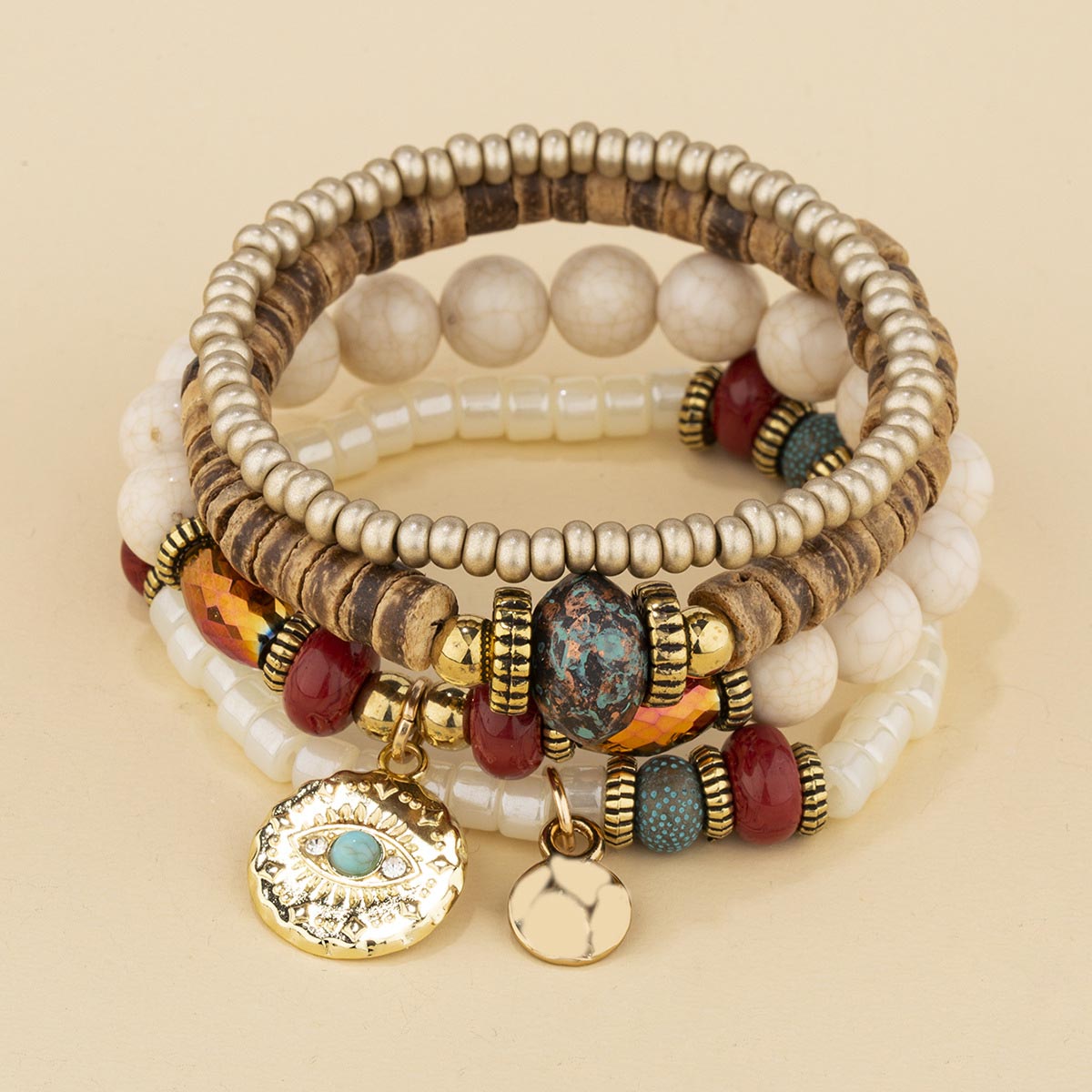 Light Camel Round Beaded Alloy Bracelet Set