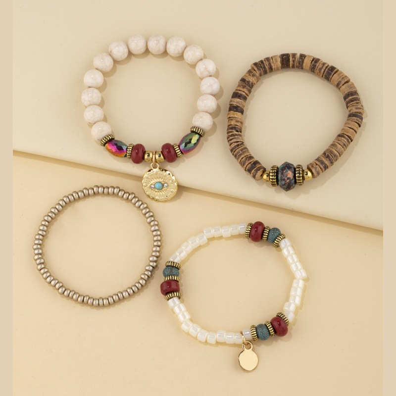 Light Camel Round Beaded Alloy Bracelet Set