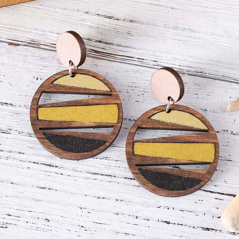 Geometric Dark Coffee Round Wood Earrings