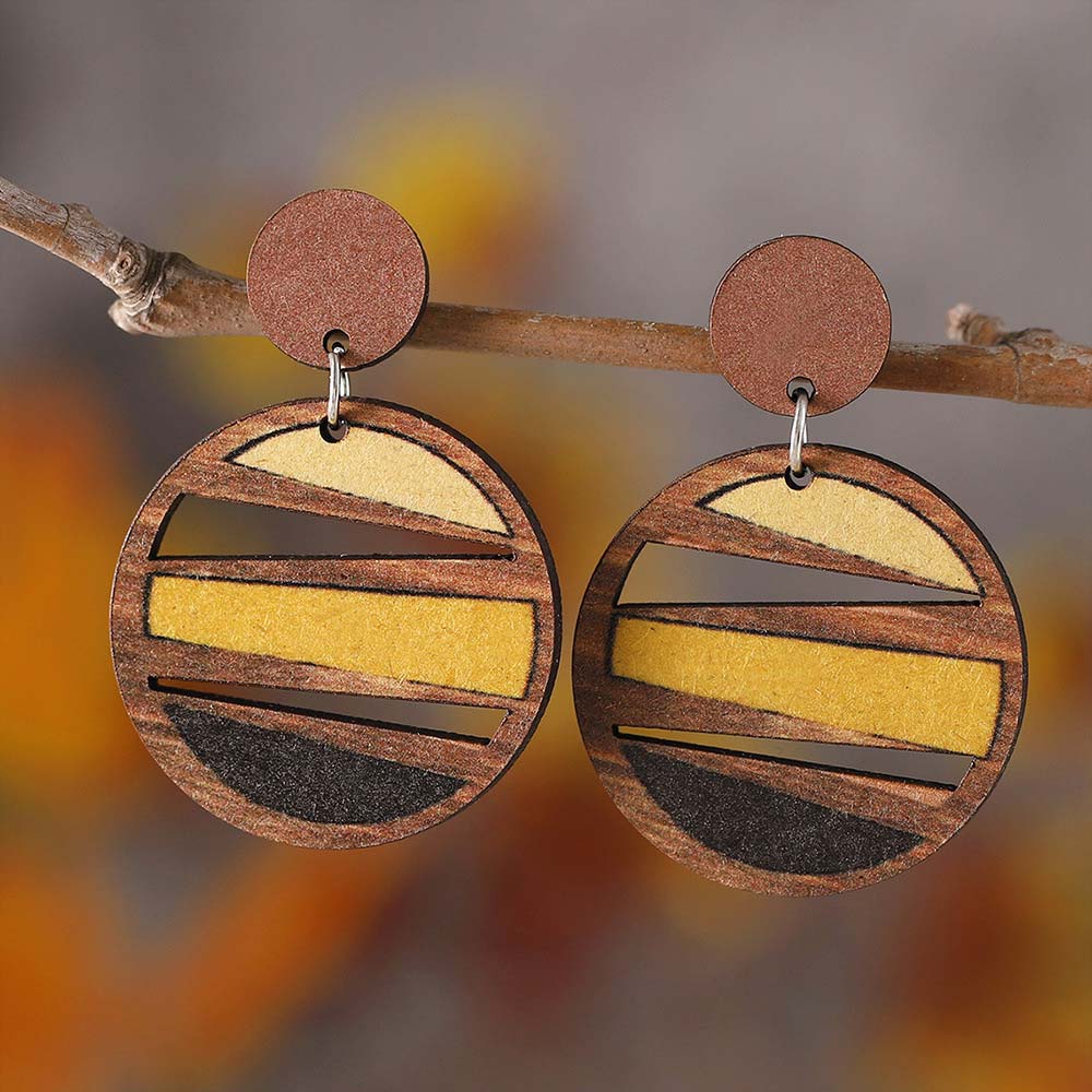 Geometric Dark Coffee Round Wood Earrings