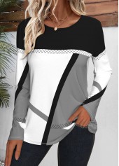 Geometric Print Patchwork Multi Color Long Sleeve T Shirt
