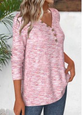 Button Light Pink Long Sleeve V Neck T Shirt